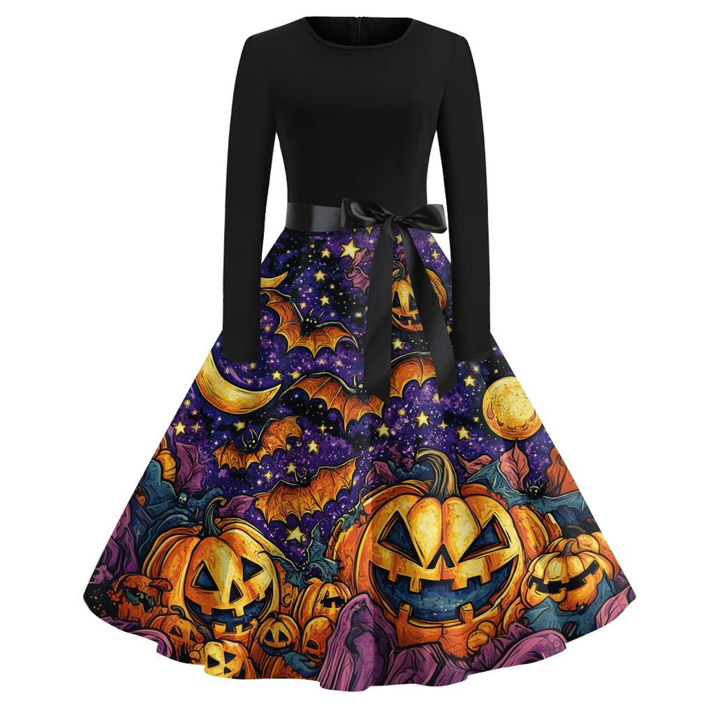 Women's Vintage Long Sleeve Round Neck Halloween Party Dress with Printed Skirt and Waist Tie Elegant Retro Style