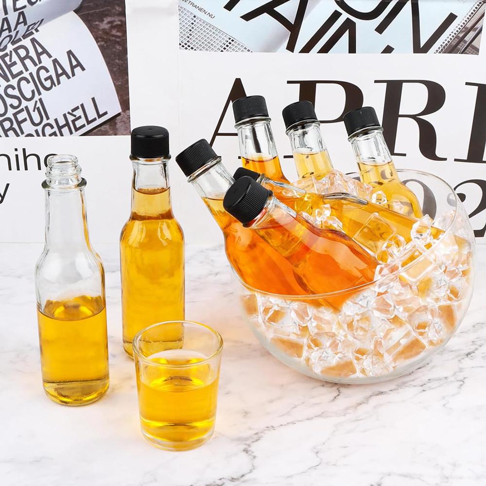 5oz 150ml Hot Sauce Bottles, Clear Glass Woozy Bottles with Leak Proof Black Screw Caps, Dripper Inserts and Shrink Capsules,