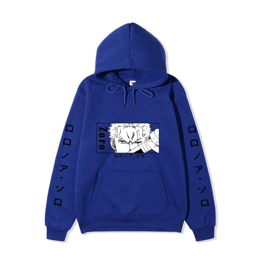 One Piece Hoodie, Roronoa Zoro Manga Graphic Japanese Letter Sleeve Print Pullover Sweatshirt Unisex Streetwear