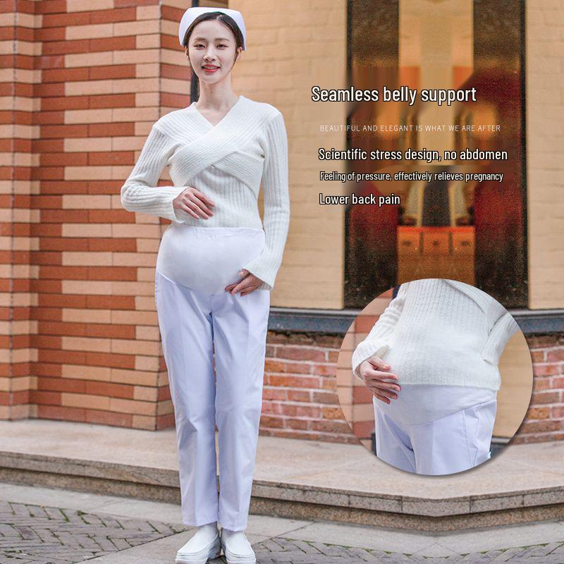 Nurse Maternity Work Pants - Adjustable Belly Support, Elastic Waist, Women's Plus Size, Available In White, Pink, Blue