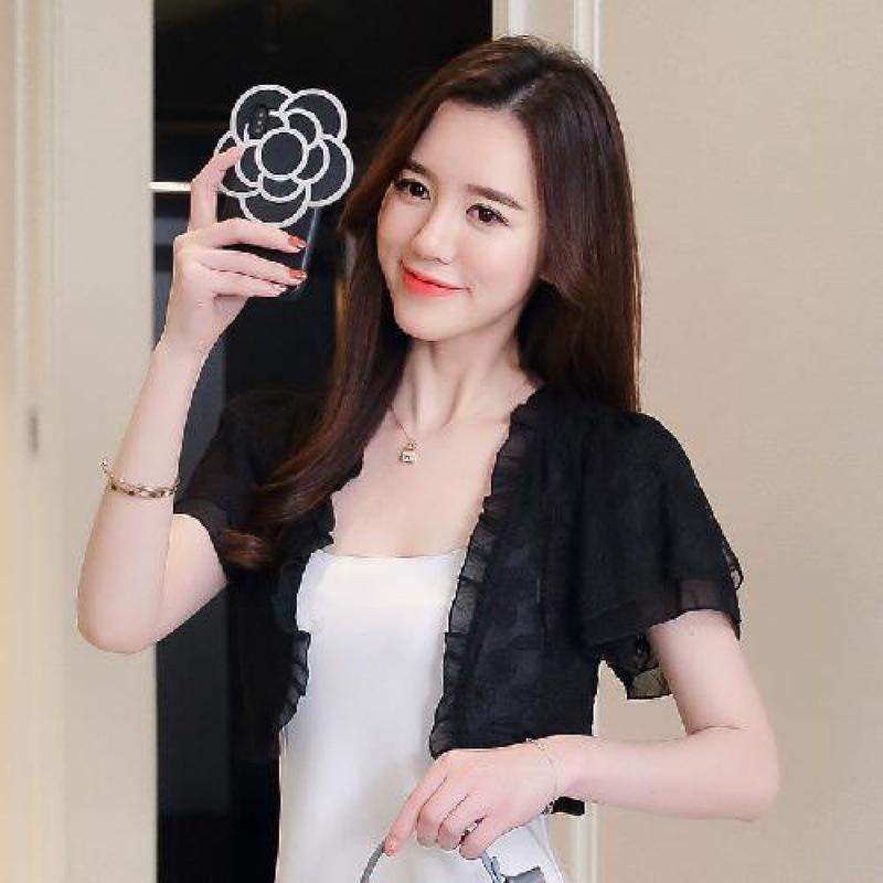 

Женский летний шифоновый кружевной болеро-жакет с защитой от солнца - Короткий рукав, накидка-топ L чёрный