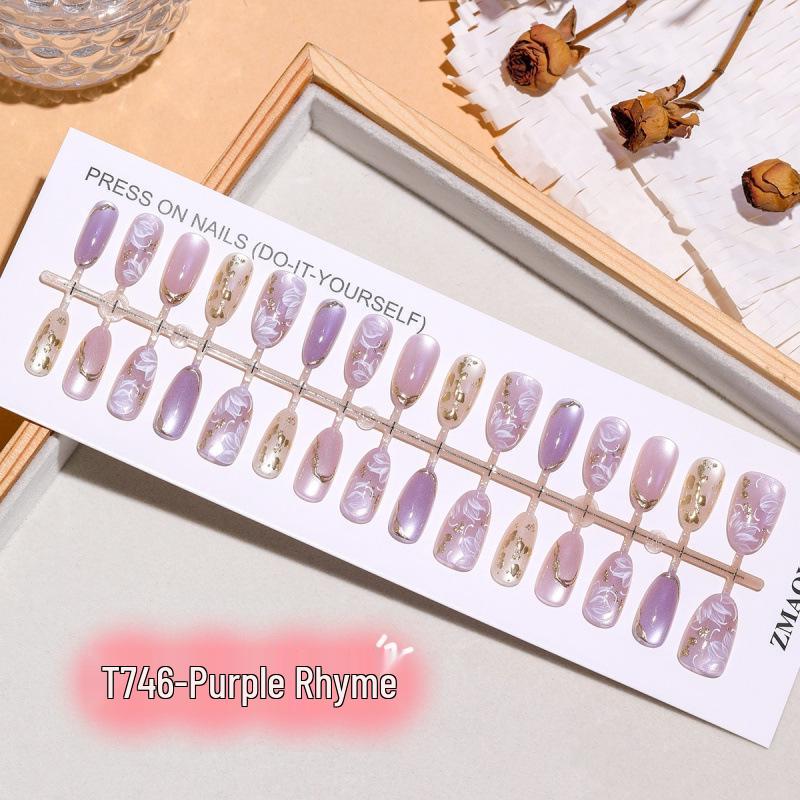 Purple Rhyme 3D Gilded Floral Cat Eye Nail Stickers, Short Oval, Translucent, Light Luxury, 30 Pieces Complete XS/S/M