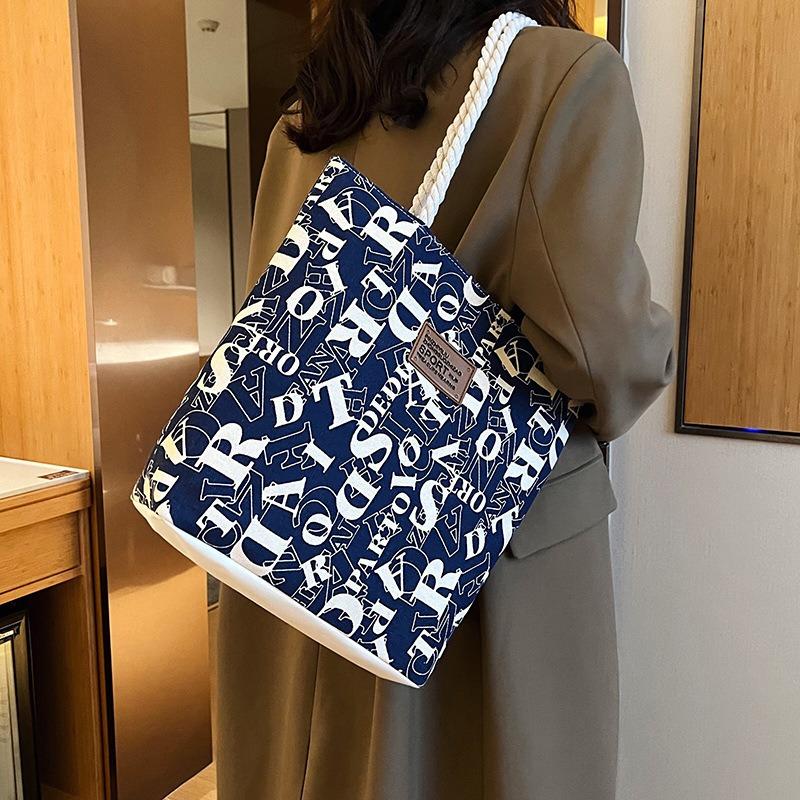 Stylish Large Canvas Tote Bag with Letter Print and Rope Handles for Work and Commute