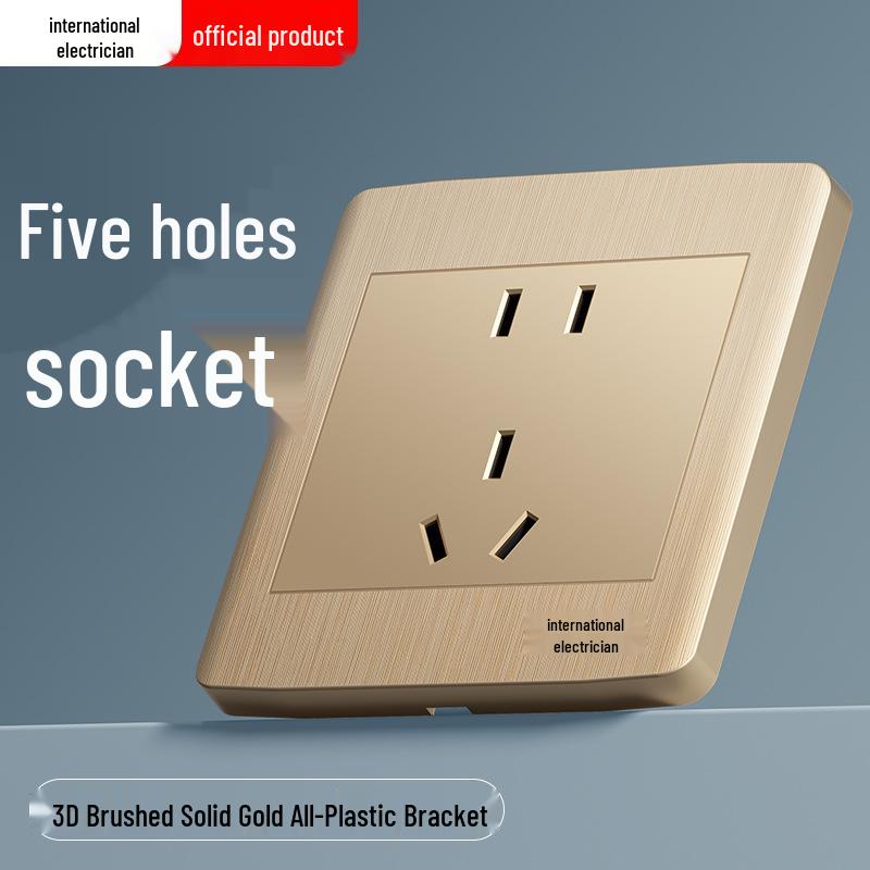 Gold 86 Typ Elektrische Nachttischlampe Wandschalterpanel mit Einzel-/Doppelsteuerung und Fünflochsteckdose
