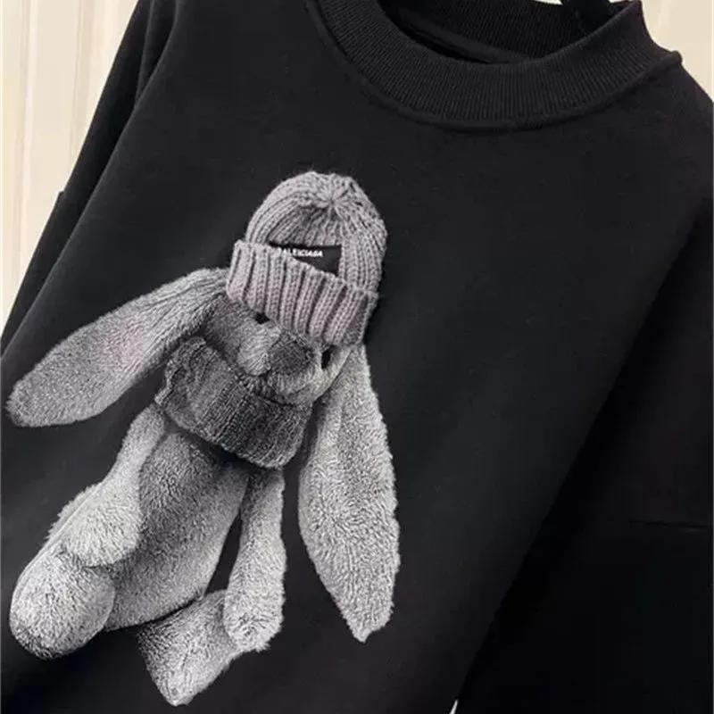 Sweater Women's Plus Velvet Thickened Tide Bear Round Neck Sweater Jacket Head