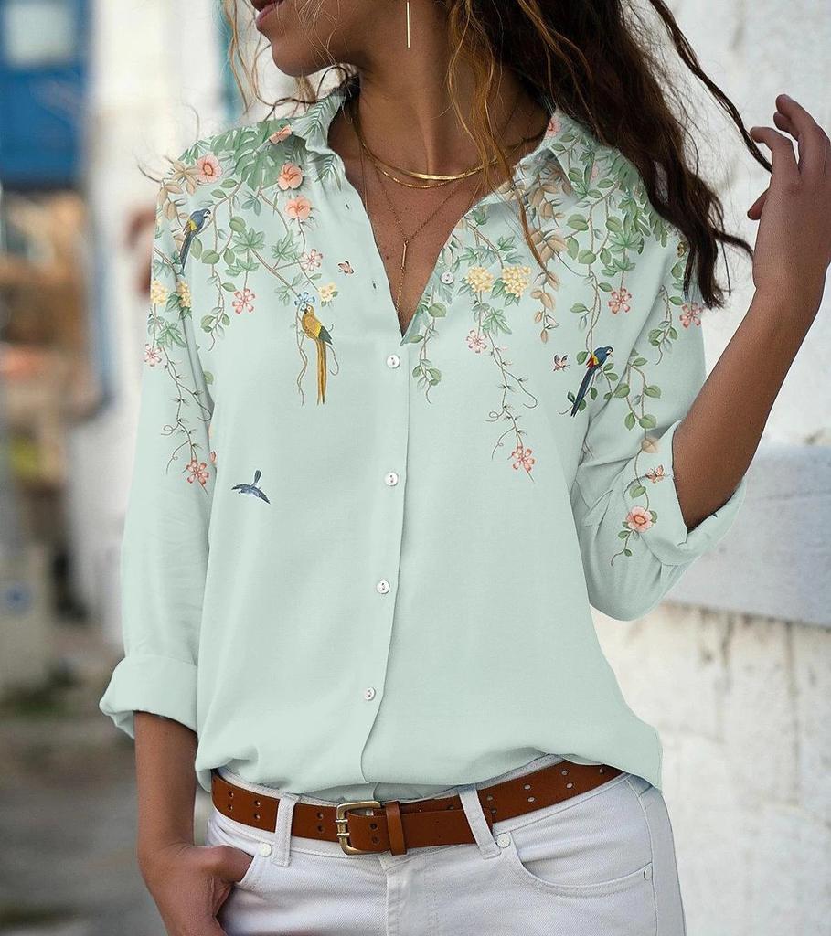 Women's Fashion Casual Printed Button Lapel Long Sleeved Shirt Top Blouse