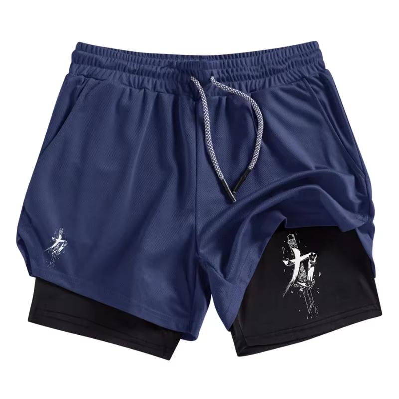 Men's 2-in-1 Running Training Sword Pattern Breathable Quick Drying Sports Shorts with Mobile Pocket Gym Shorts 10106