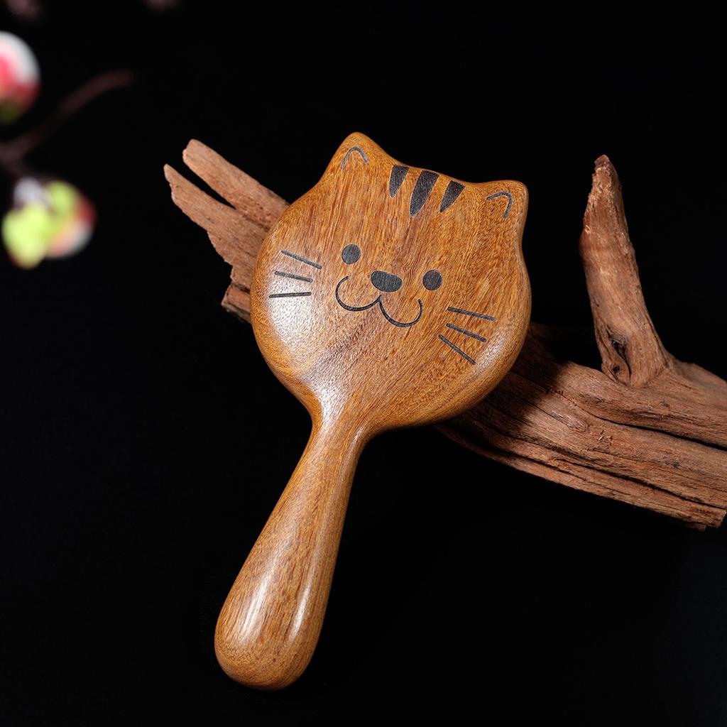 Small Cat Shaped Wide Tooth Sandalwood Hair Comb Portable Detangling Massage Brush with Fun Playful Design for All Hair Types