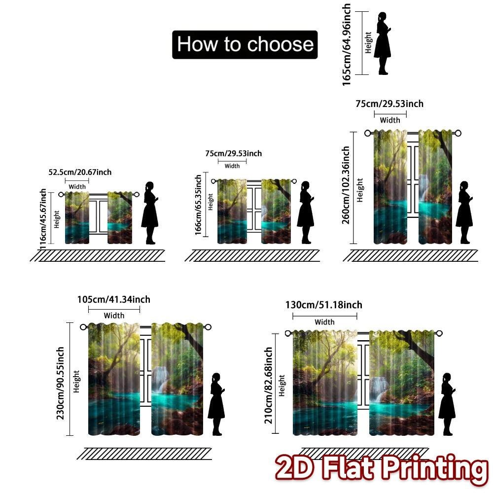 2pcs, 2D FLAT PRINTING Curtains (Without Rod) Emerald Cascade Creative Popular Curtains Machine Washable Fabric Curtains