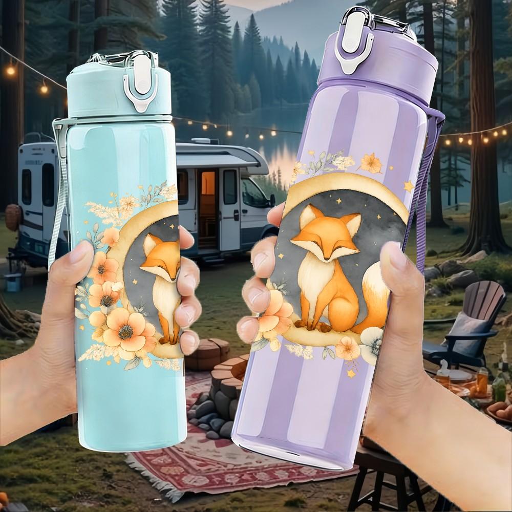 1PC Moon Wreath Fox Portrait 750ml Color Plastic Sports Water Bottle Leakproof Flip Straw Lid Suitable for Sports Office Home Use