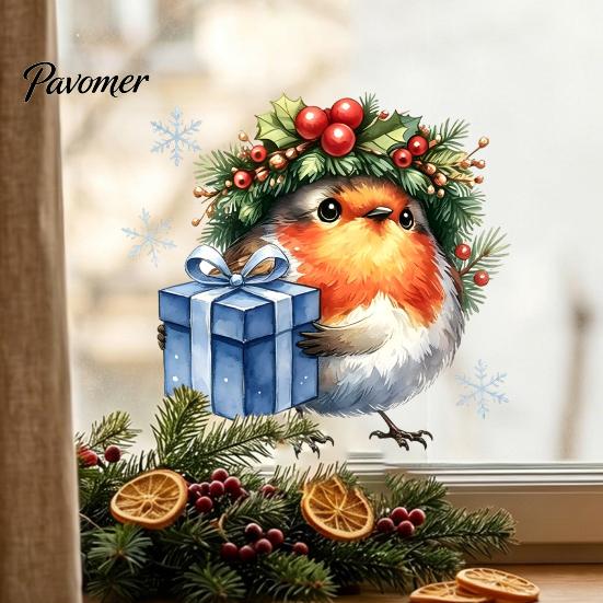 Glass Door Decorative Scenes Christmas Bird Static Window Sticker, Cute Watercolor Stickers with Wreath And Gift Box, PVC Festival Atmosphere