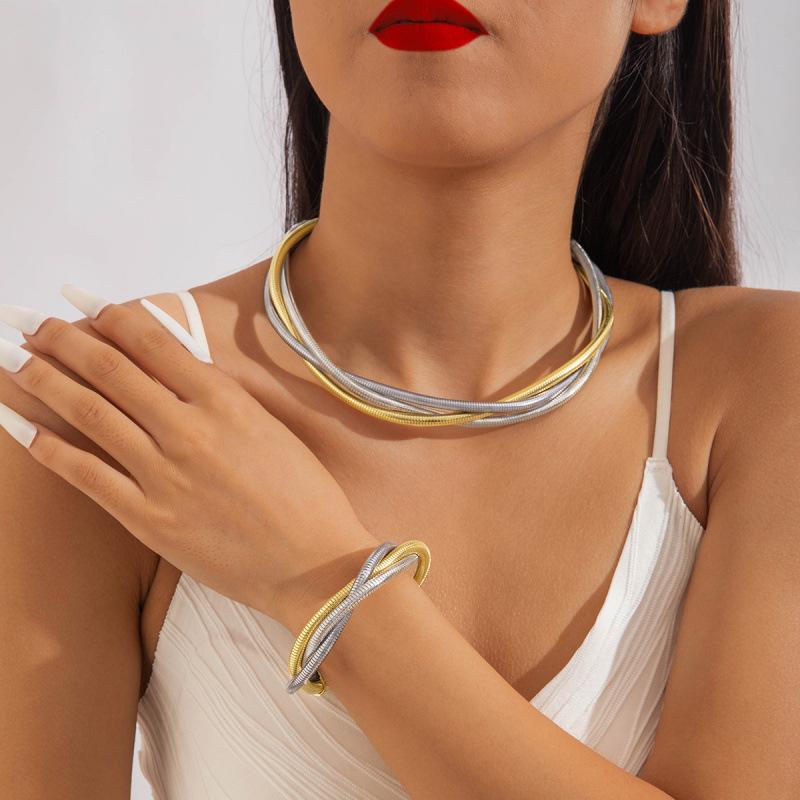 Multi-layer iron elastic snake bone twist collar bracelet punk style exaggerated jewelry suit women