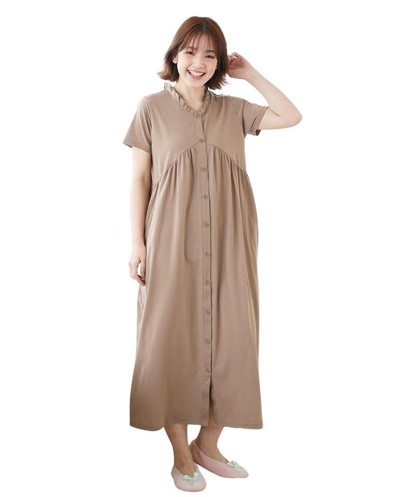 Nissen Maternity Gathered Short Sleeve Pajama Dress and Size 3L Women's Loungewear/Nursing Pajamas, (Pre- Postpartum), Beige,