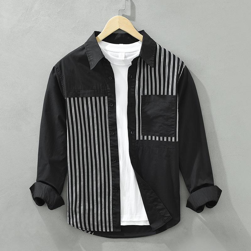 

Весна-лето 100 хлопок с длинным рукавом белая рубашка мужская квадратная лоскутная полосатая рубашка корейская мода мужская рубашка повседневные повседневные топы XXXL чёрный