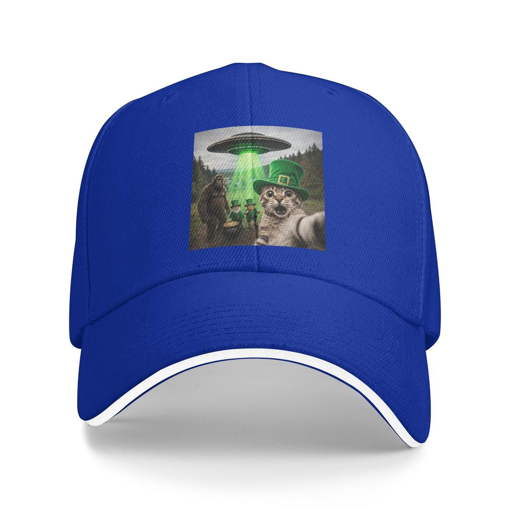 Summer Casual Baseball Cap Funny St Patricks Day Cat Selfie with Leprechaun Bigfoot UFO Unisex Hot Sale  Vintage Baseball Caps
