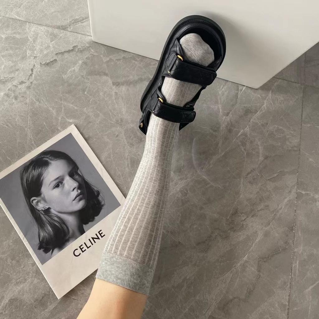 Women's simple knitted mid-calf socks, spring/summer thin vertical striped stacked socks jk Gray socks in ballet style