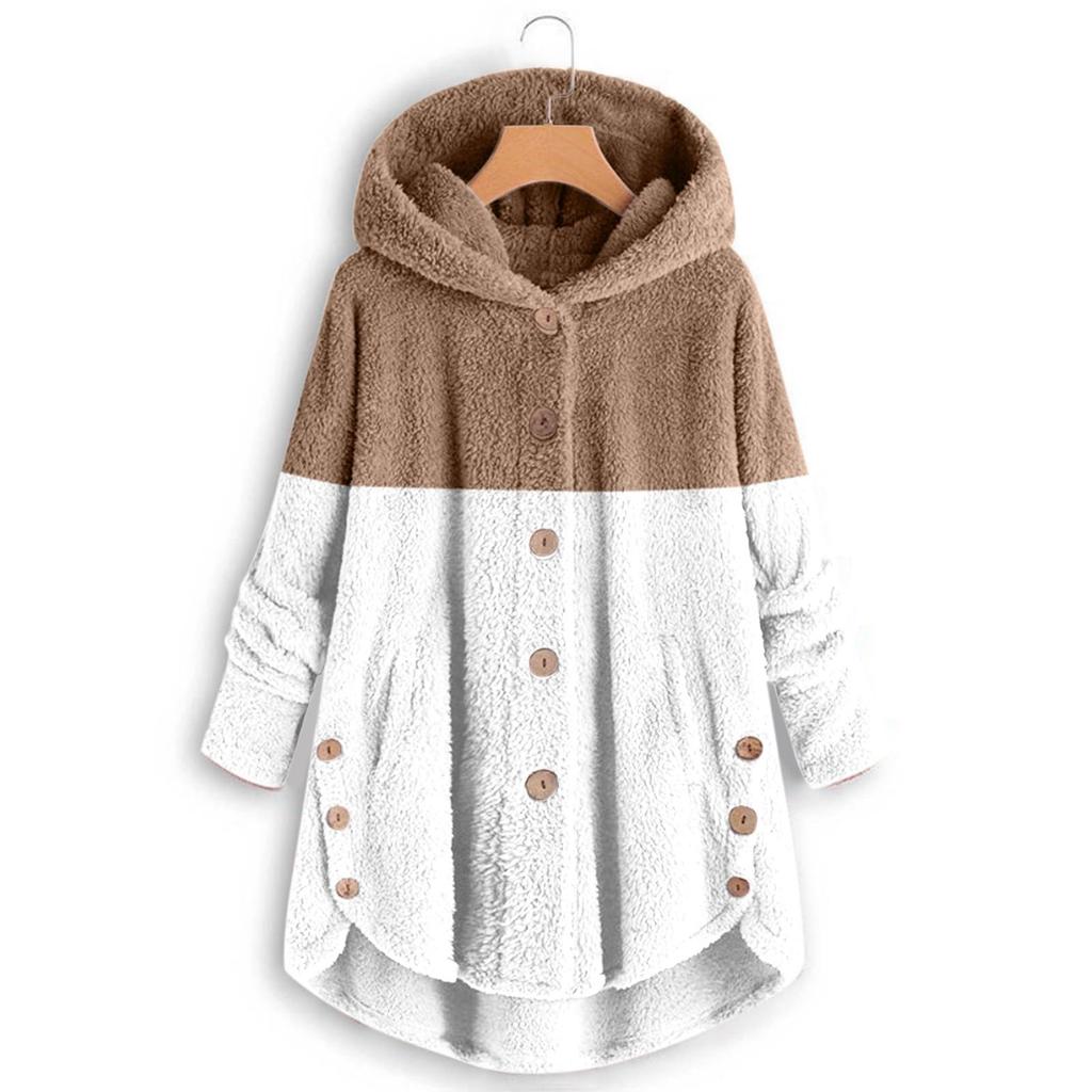 Women's Fashionable Patchwork Loose Hooded Plush Button Long Sleeved Loose Warm Jacket