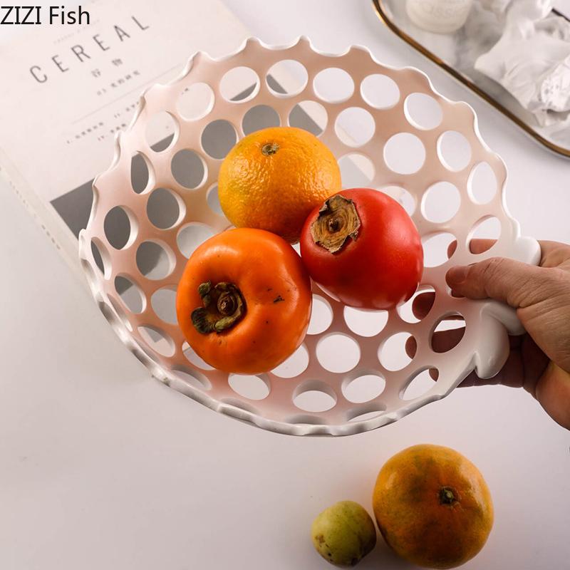 Creative Hollowed Out Fruits Bowl Nuts Snack Storage Tray Fruits Drain Bowl Home Kitchen Dessert Cutlery Minimalism Round Plates