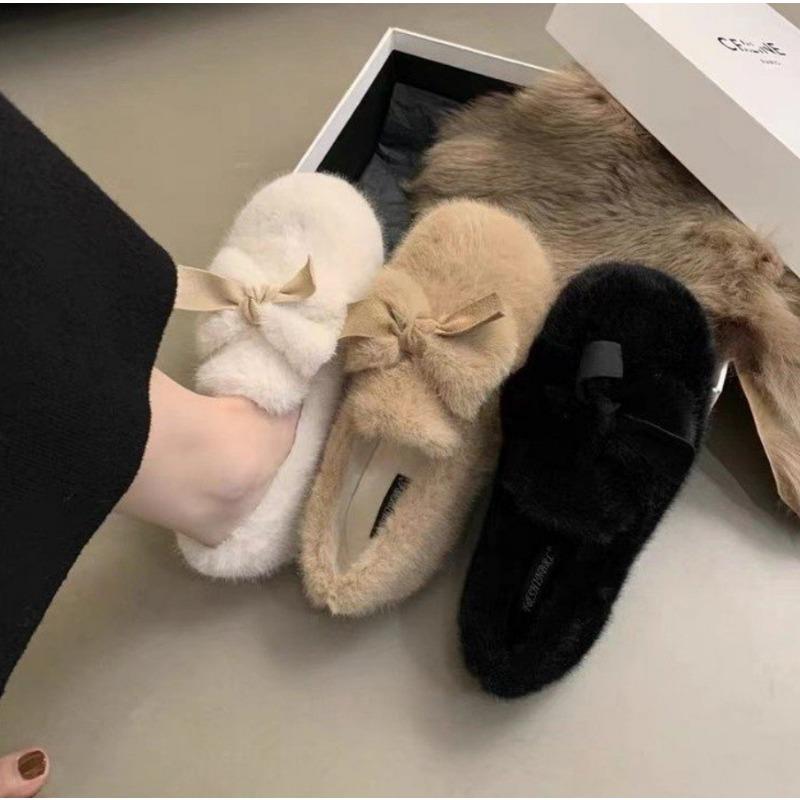 Fashion Fashion Bowknot Women Plush Flats Furry Mocasines Loafers Mujer Warm Cotton Shoes Ladies Slip On Sheep Fur Lined Shoes Zapatos