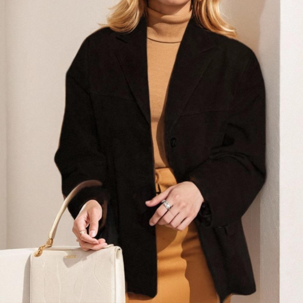 Women's Retro Suede Blazer, Casual Loose Single-Breasted Long Sleeve Office Coat
