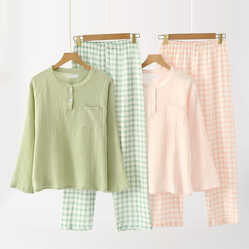 Cotton Double Soft and Long Cute Loungewear for Sensitive Perfect Gift Salmon Women's Spring/Summer Pajamas, 100% Gauze, Comfortable, Sleeves, Skin,
