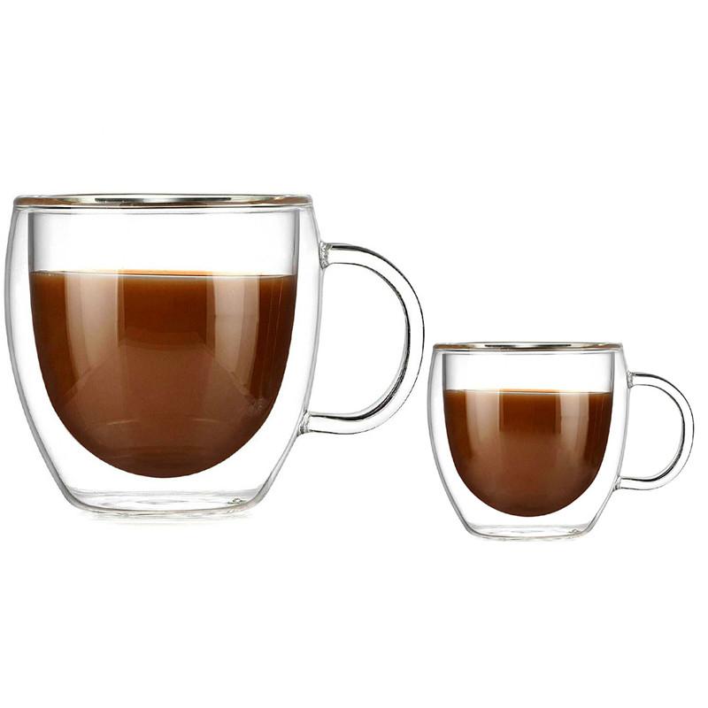 

90ml 250ml Two size Double Wall Glass Cup With the Handle Coffee Mugs Kungfu Tea Cup Milk Juice Healthy Drink Mug 90ML
