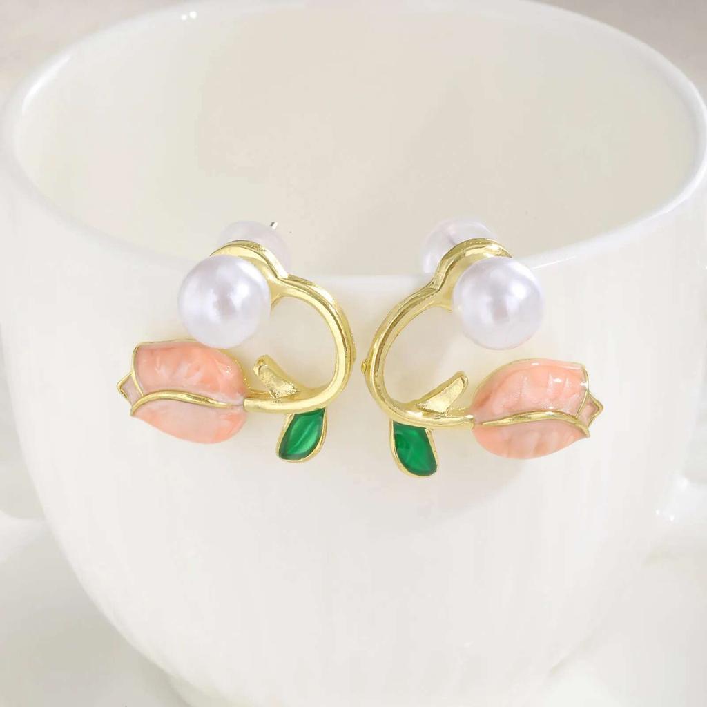 Prjewel Hellrosa Tulpenperlen Ohrstecker Exquisiter Vergoldeter Ohrring für Damen Romantischer Statement-Schmuck Mädchengeschenk
