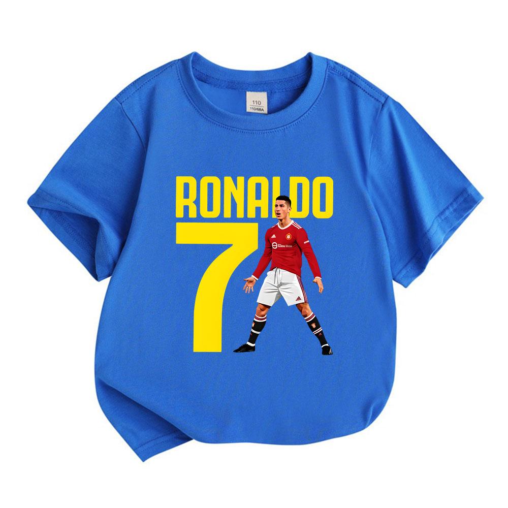 Boys Girls 100% Cotton Crew Neck Short Sleeve T-Shirt, Classic Football Star No.7 Ronaldo Printed Casual Soft Breathable Tee for Kids Daily Wear Sport