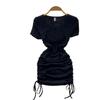 2024 Summer Hot Girl Slimming Square Neck Mini Dress with Drawstring Bodycon and Short Sleeves