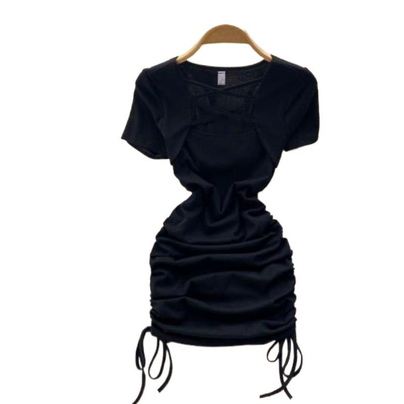 2024 Summer Hot Girl Slimming Square Neck Mini Dress with Drawstring Bodycon and Short Sleeves