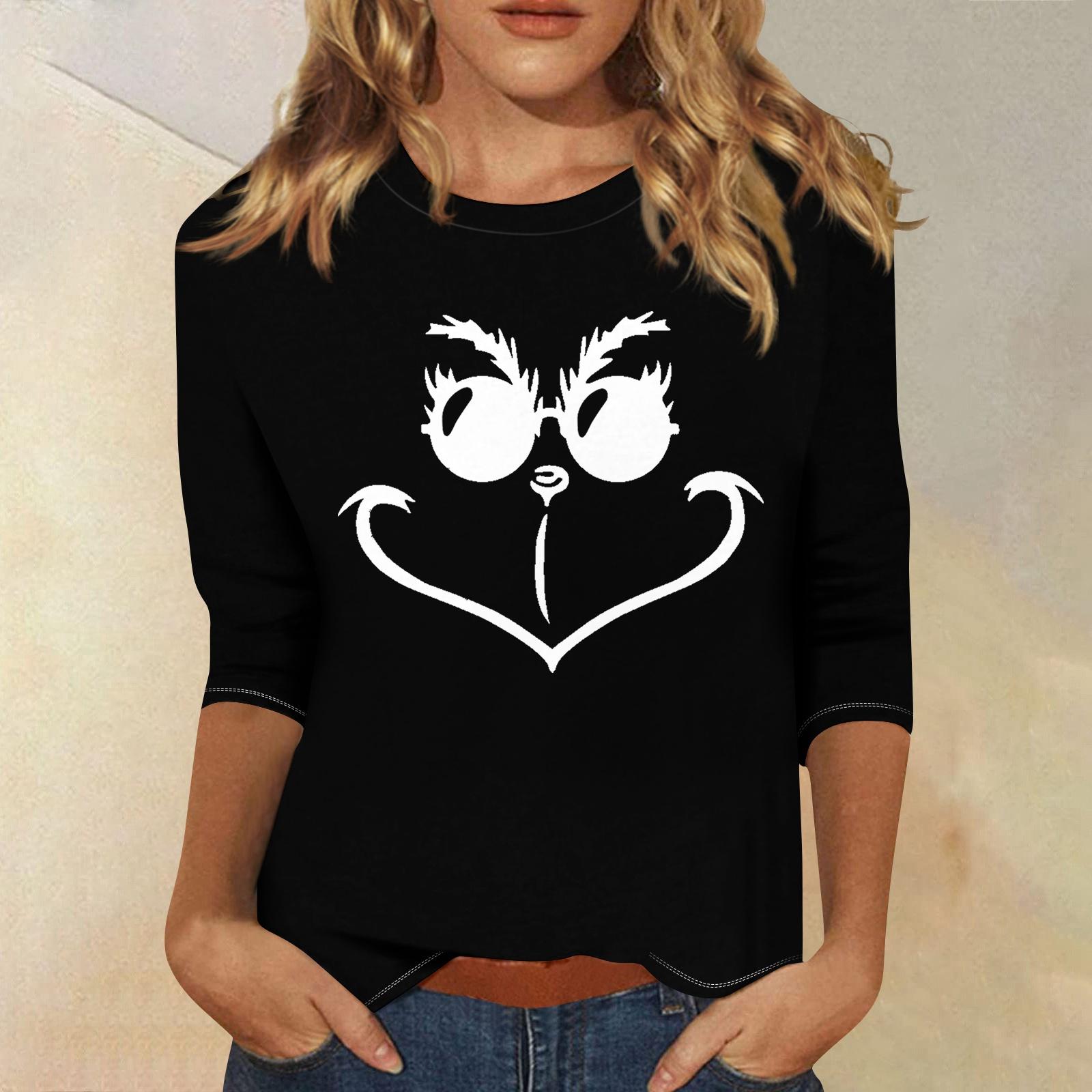 

3/4 рукава топы для женщин футболка повседневные рождественские принты топы футболка круглый вырез пуловер блузка XXL чёрный