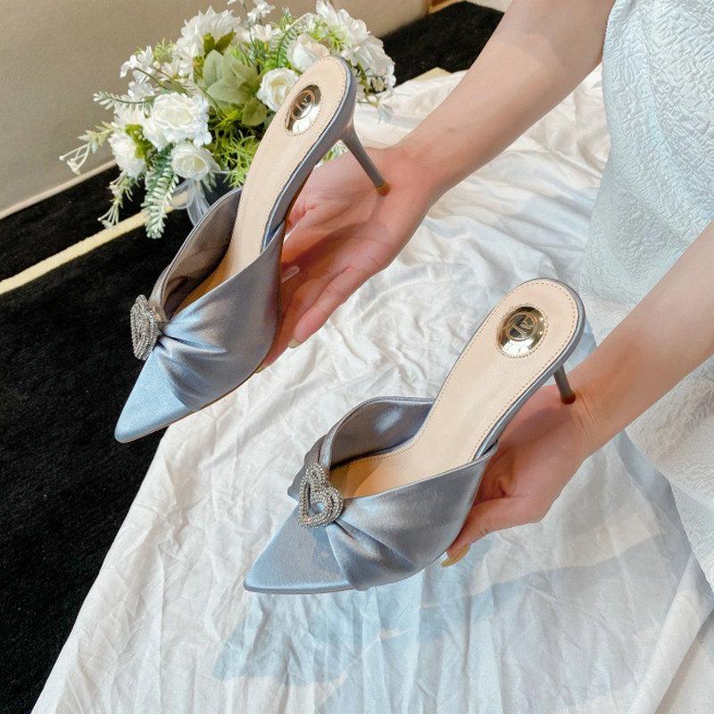 Fashion European And American 2025 Summer New Style Heart-Shaped Water Diamond Pointed-Toe Women'S High-End Thin-Heeled Open-Toe Sandals