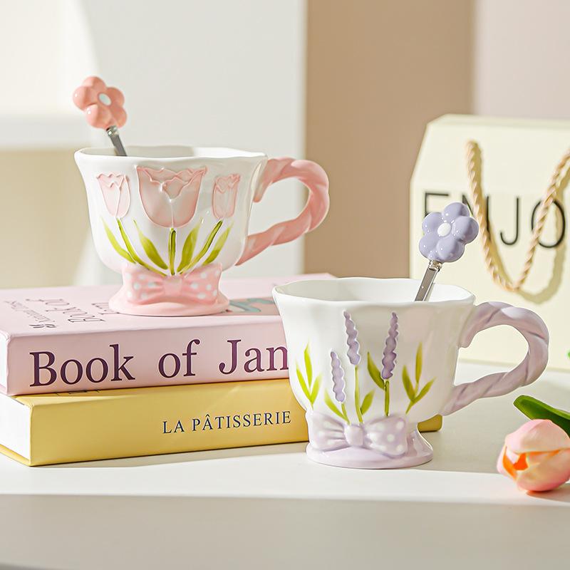 Tulip Ceramic Cup Hand Painted Relief High Looking Coffee Cup Mug Girl Heart Home Water Cup Souvenir