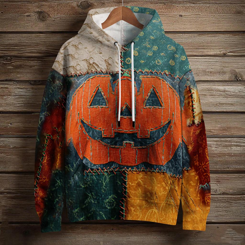 Women's Fashion Long Sleeve Pullover Halloween Print Hooded Pocket Sweatshirt