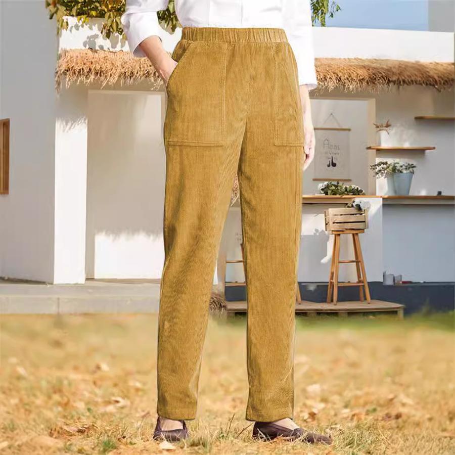 Autumn New Women's Clothing Solid Color Elastic Waist Corduroy Straight Leg Casual Pants (European Style)