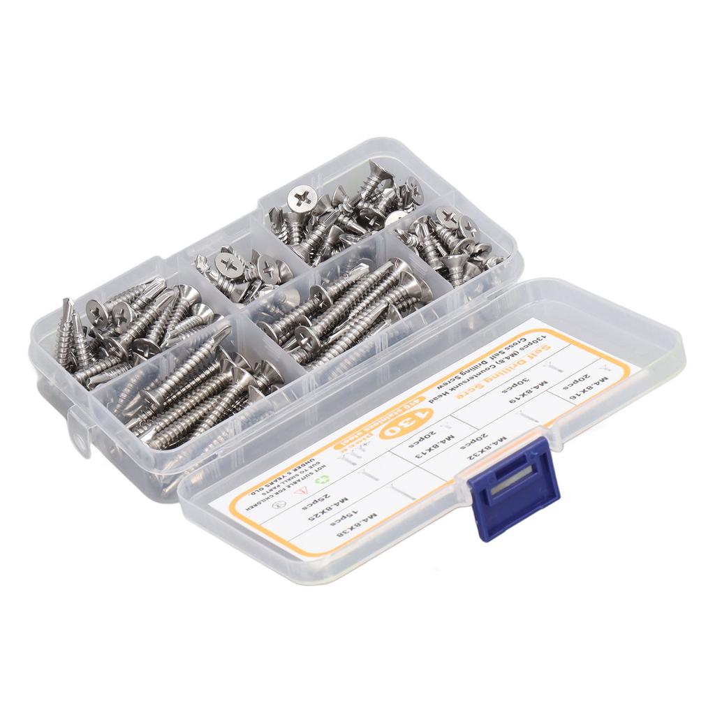 130 SZTUK Śruba Krzyżakowa z Płaskim Łbem Stal Nierdzewna M4.8 Odporne na Rdzę Wkręty Samowiercące do Włókna Szklanego