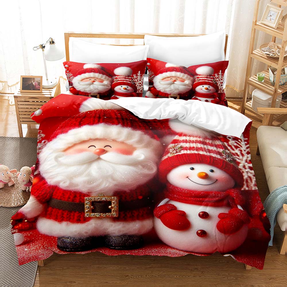 Kawaii Santa Snowman Three Piece Bedding Set Luxury Comforter Set with Queen King Size Including Household Goods Anime Cartoon C