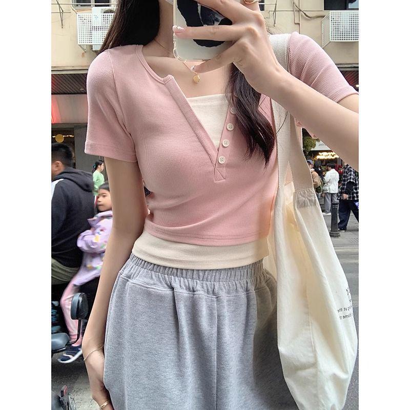 V-Neck Color Block Short Sleeve Two-Piece Look T-Shirt for Women