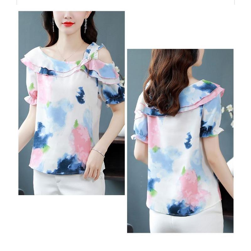 Sommer Neues Koreanisches Stil Chiffon Hemd Kurzärmelige Bluse Bedruckt Mode Locker Blumen Top