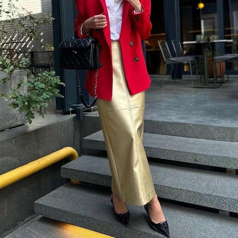 

Fashion Elegant Stitching Stylish PU Leather Skirt Sheath Skirt Split Pu Hip Wrap Skirt Gold L