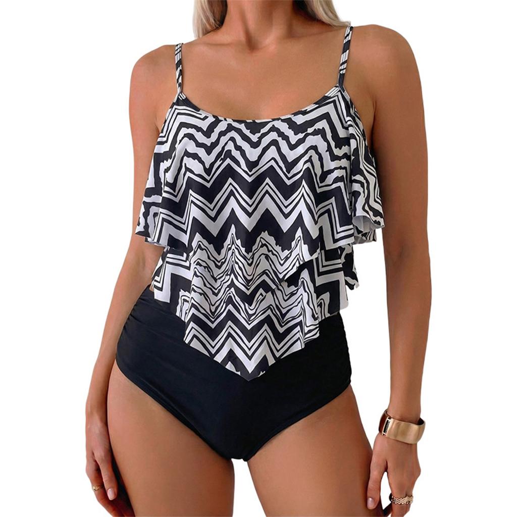 Women’s Two Piece Swimsuit Ruffle Tankini Top with Adjustable Straps and High Waist Floral Printed Bottoms