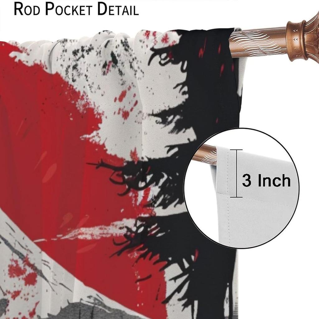 Japanese Anime Samurai Curtains Watercolor Ink Samurai Red Sun Shrine Mount Fuji Blackout Window Treatment Living Room Bedroom