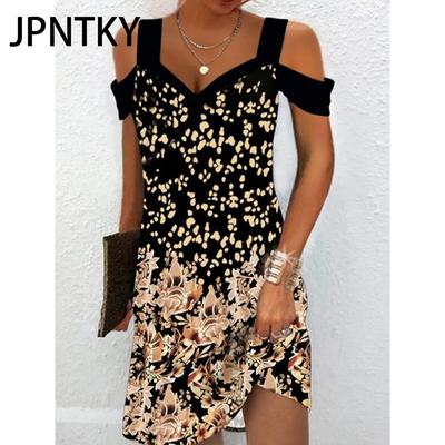 JPNTKY Damenmode Sommer Frühling Blumendruck Kurzarm V-Ausschnitt Freizeitkleider