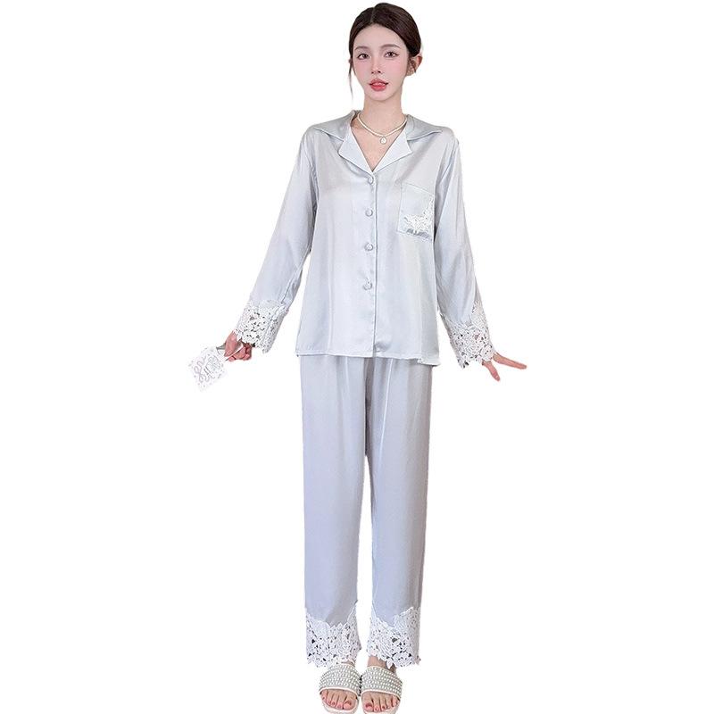 Ice silk pajamas women's 1011 spring and summer new long-sleeved silk satin light luxury high-end thin loungewear set