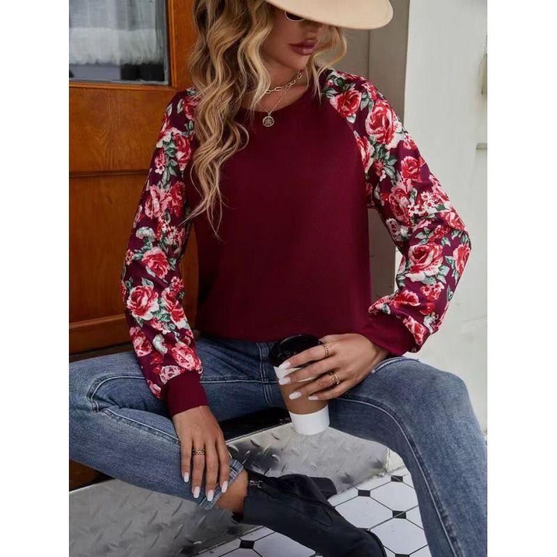 

Amazon 2023 Cross-Border Autumn New Arrival Print Patchwork Fashion All-Match Casual Sweatshirt round Neck Long Sleeves Women s Top Burgundy XL