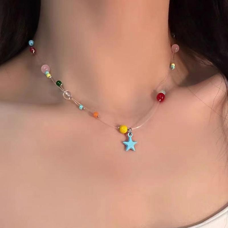 Party Necklace Colorful Star Beaded Pendant Clavicle Chain Delicate Star Collar Choker Necklace for Women Girl Birthday