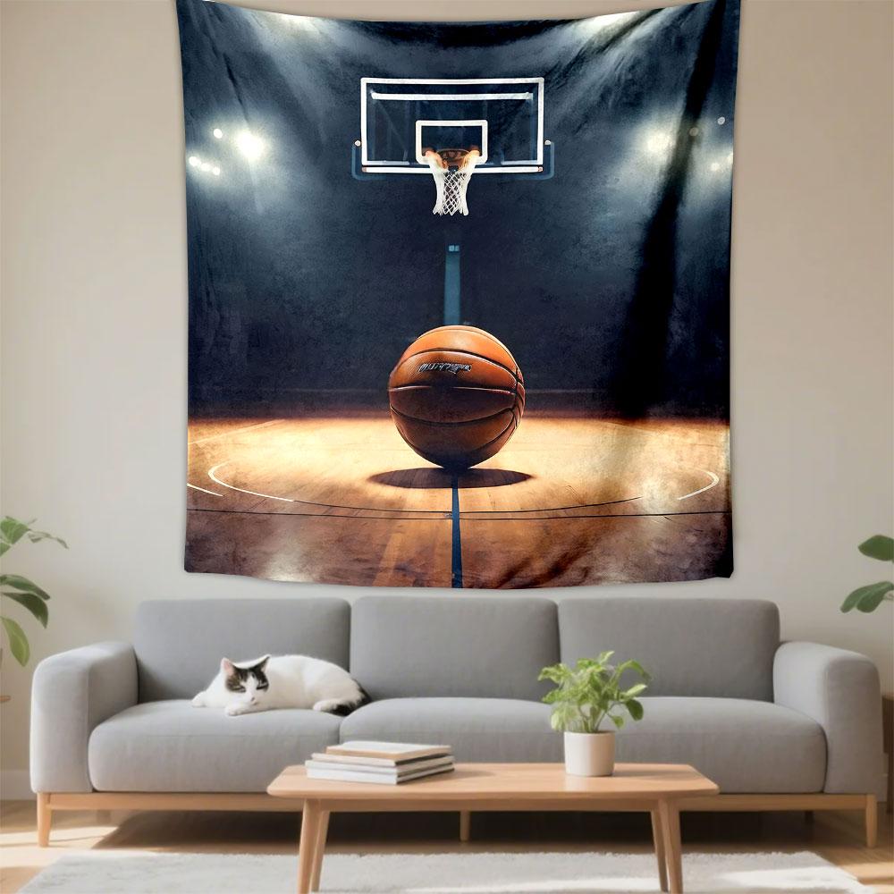 Basketball Court with Glowing Hoop Patterned Tapestry Decorative Wall Hanging, Home Bedroom Living Room Decor