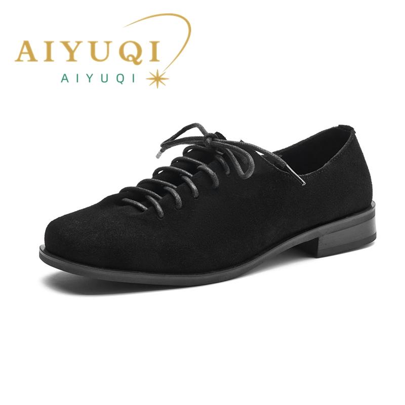 Fashion AIYUQI Women Loafers Shoes Genuine Leather Thick Heels Student Shoes Female Lace Up British Style Lady Oxford Shoes Footwear