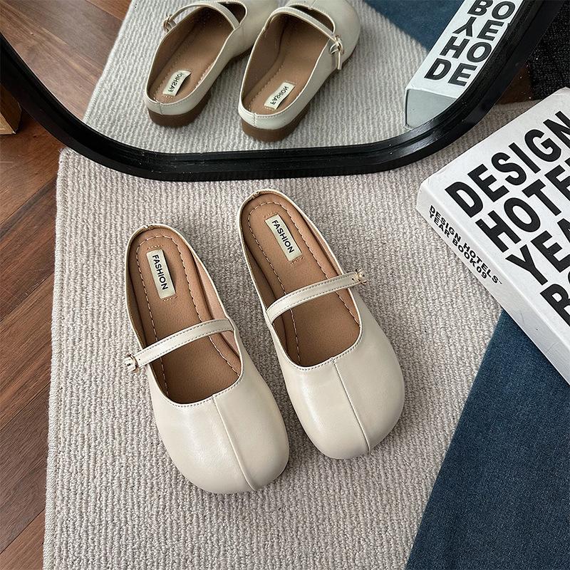 

Баотоу полутапочки женские летние круглый носок мягкая кожа плоская подошва нежные универсальные туфли 35 бежевый