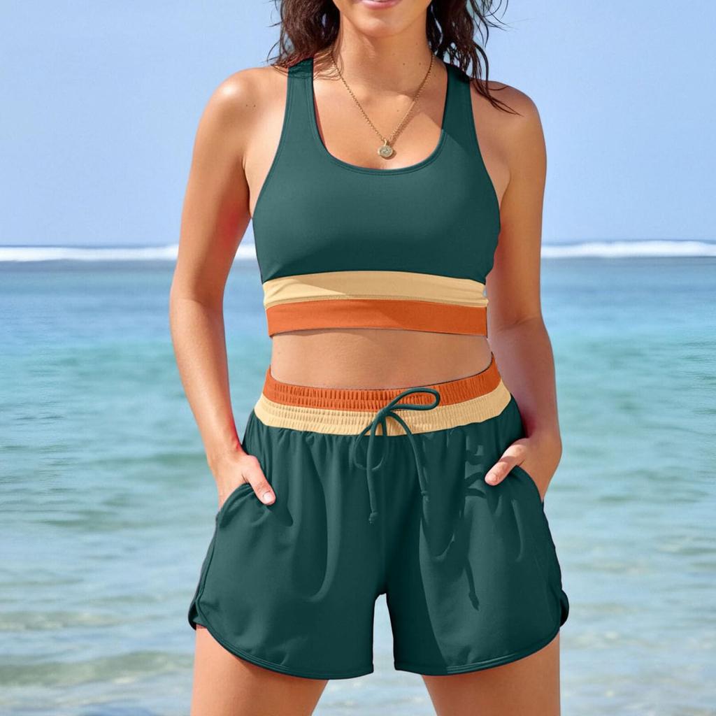 Damen Sport Zweiteiler Badeanzug mit herausnehmbarer Polsterung Trägerloses Oberteil und Kordelzug-Shorts für Sport und Schwimmen